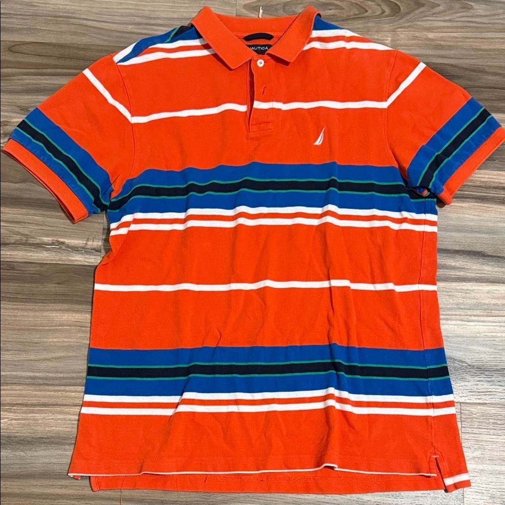 Vtg NAUTICA Shirt Mens XL Pique Cotton Orange Blue Striped S/S